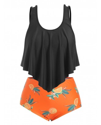 Plus Size Orange Print Overlay Tankini Swimsuit - 5x