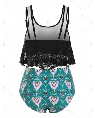Plus Size Printed Lace Overlay Tankini Swimwear - 3x