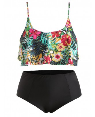 Ruffle Trim Plus Size Floral Print Swimwear Set - 2x