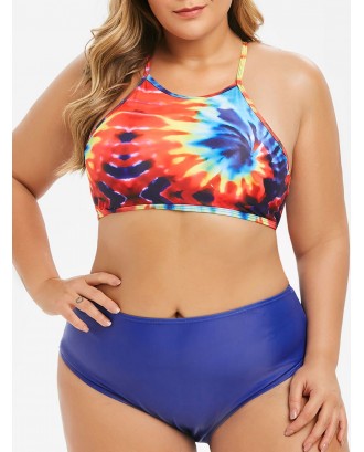 Crisscross Lace Up Rainbow Tie Dye Plus Size Swimwear Swimsuit - 4x