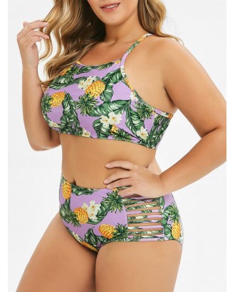 Plus Size Pineapple Leaf Strappy High Neck Swimwear Swimsuit - 5x