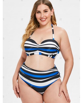 Halter Neck Plus Size Striped Panel Swimwear Set - 2x