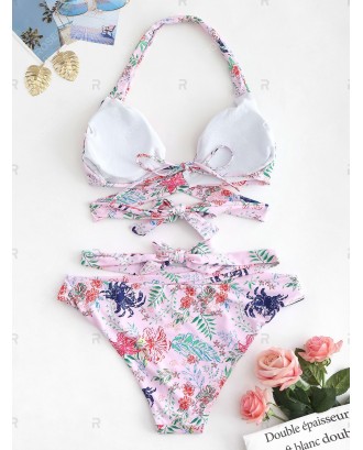 Plus Size Floral Print Criss Cross Swimwear Set - 1x