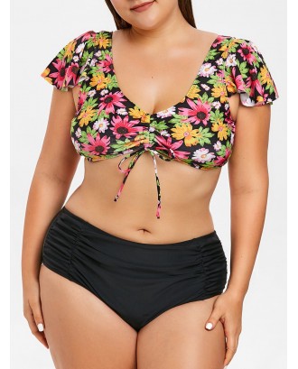 Flounce Trim Plus Size Floral Print Swimwear Set - 5x