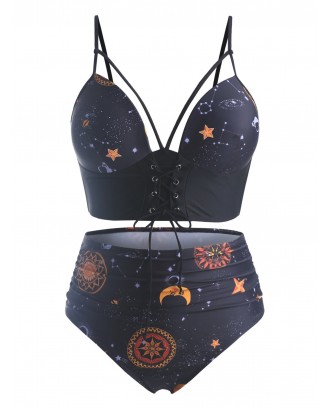 Plus Size Sun Moon Print Ruched Lace Up Swimwear Swimwear - 5x