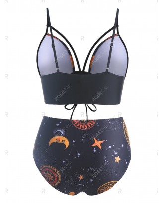 Plus Size Sun Moon Print Ruched Lace Up Swimwear Swimwear - 5x