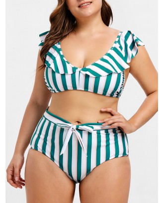 Plus Size Ruffled Stripe High Waist Swimwear Set - L