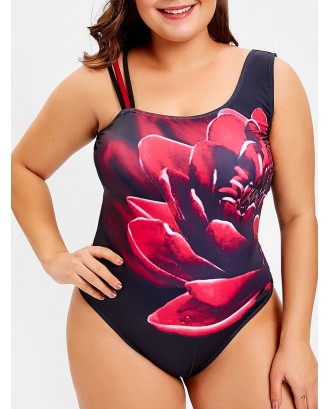 Plus Size Floral Pattern Strappy Swimsuit - 1x