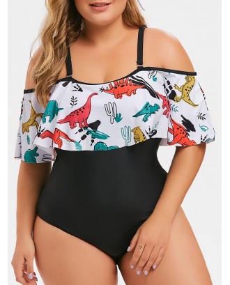 Plus Size Ruffled Dinosaur Print Swimsuit - L