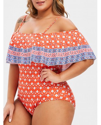 Plus Size Cold Shoulder Ruffle Ethnic Print One-piece Swimsuit - 1x