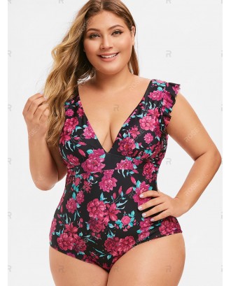 Plus Size Floral Ruffled Plunging Swimsuit - 4x