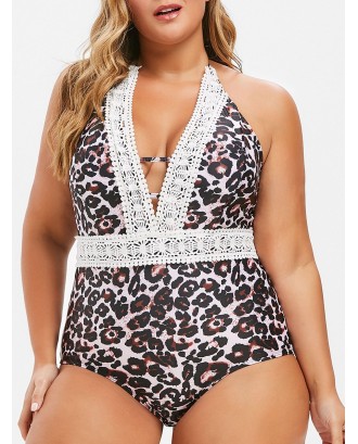 Plus Size Plunge Leopard Print Backless One-piece Swimsuit - L