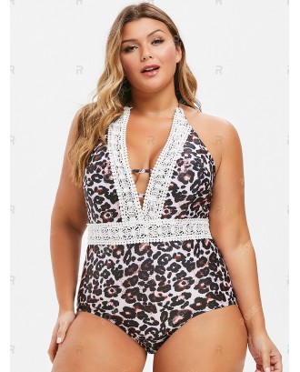Plus Size Plunge Leopard Print Backless One-piece Swimsuit - L