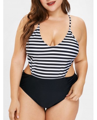 Striped Cut Out Plus Size Swimsuit - L