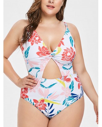Plus Size Floral Cut Out Backless One-piece Swimwear - 2x