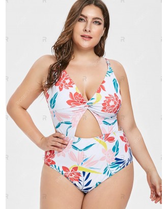 Plus Size Floral Cut Out Backless One-piece Swimwear - 2x
