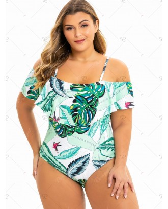 Plus Size Tropical Leaf Print Ruffle One-piece Swimsuit - L