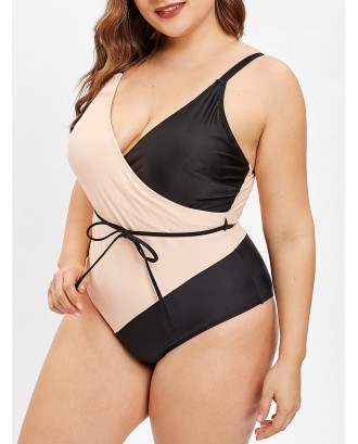Rosegal Belted Color Block Plus Size One-piece Swimsuit - L