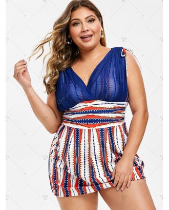 Plus Size Double V Printed Skirted Swimsuit - L