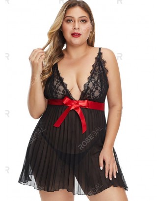 T Back Bowknot Lace Panel Pleated Plus Size Babydoll - 5x