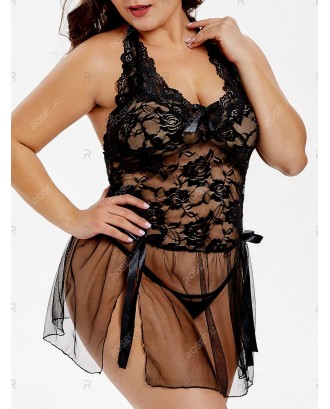 Plus Size Lace and Mesh Bowknot Halter Babydoll Set - 2x