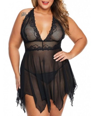 Tie Back Lace Panel Sheer Mesh Plus Size Babydoll With T Back - 4x