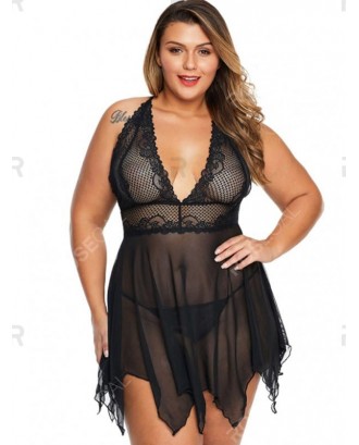 Tie Back Lace Panel Sheer Mesh Plus Size Babydoll With T Back - 4x