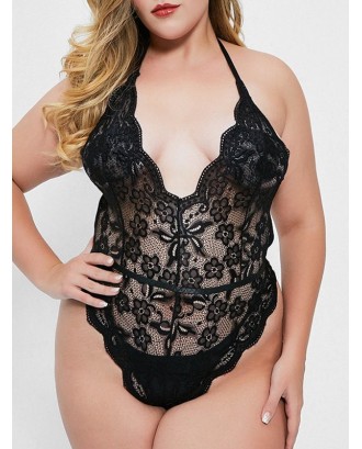 Scalloped Laddering Cut Out Back Lace Plus Size Teddy - 2x