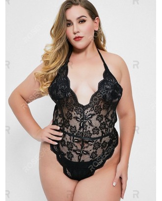 Scalloped Laddering Cut Out Back Lace Plus Size Teddy - 2x