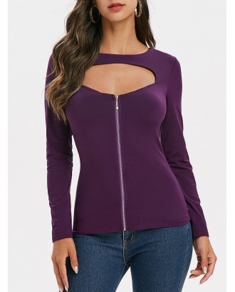 Cut Out Zip Up Long Sleeves Tee - 3xl