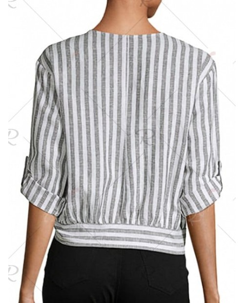 Buttons Striped Knotted V Neck Blouse - 2xl