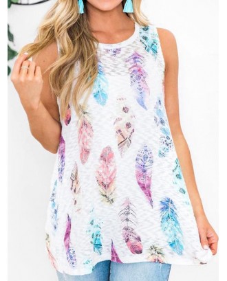 Feather Print Semi Sheer Round Neck Tank Top - S