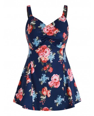 Floral Print Ruched Swing Tank Top - M