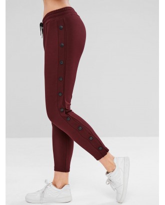 Drawstring Button Side Pants - Red Wine M