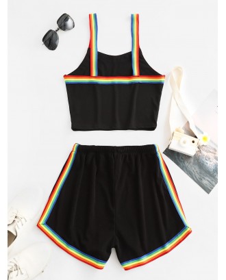  Cropped High Waisted Rainbow Stripes Two Piece Set - Black M