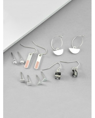 6Pairs Brief Geometric Stone Earrings Set - Silver