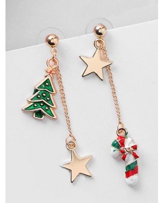 Asymmetric Christmas Tree And Star Earrings - Red