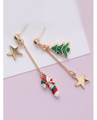Asymmetric Christmas Tree And Star Earrings - Red