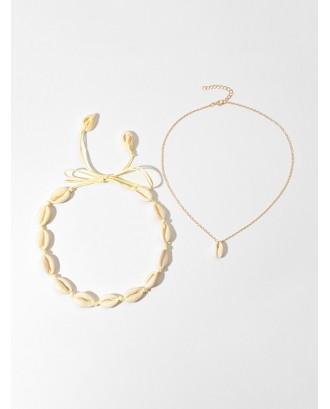 2Pcs Beach Cord Shell Necklaces Set - Gold