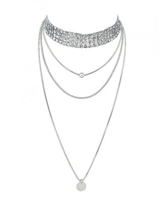 2Pcs Choker Faux Pearl Layers Necklace Set - Silver