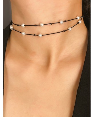 Faux Pearl Drawstring Rope Choker Necklace - Black