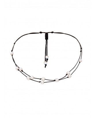Faux Pearl Drawstring Rope Choker Necklace - Black