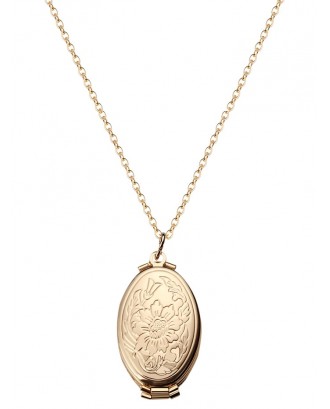 Engraved Floral Oval Photo Locket Necklace - Gold Flowers