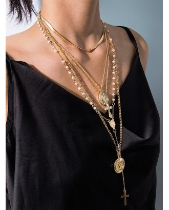 Cross Faux Pearl Multilayered Necklace - Gold