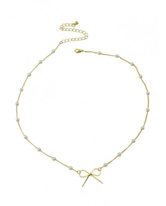 Brief Bowknot Faux Pearl Necklace - Gold