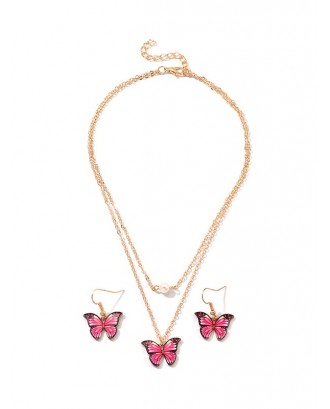 Butterfly Layers Necklace Earrings Set - Rose Red