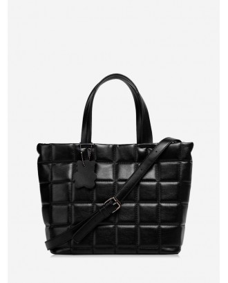 Dark Pattern Grid Leather Big Tote Bag - Black