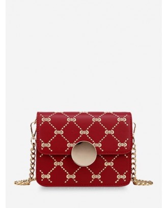 Chain Bowknot Pattern Round Buckle Shoulder Bag - Red Wine