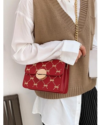 Chain Bowknot Pattern Round Buckle Shoulder Bag - Red Wine