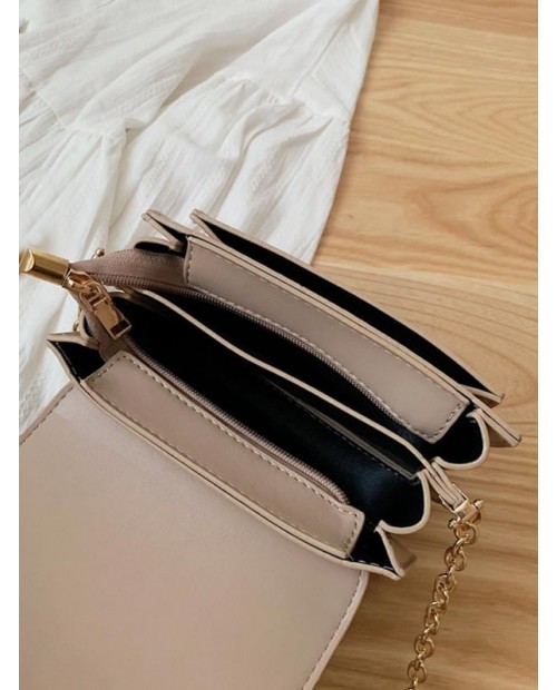Solid Chain Simple Shoulder Bag - Khaki